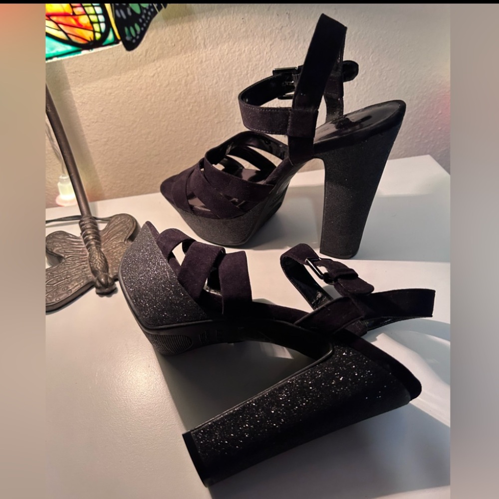 Vintage Y2K Nine West Black Sparkle Block Platform Heels ‼️Like New Worn Once